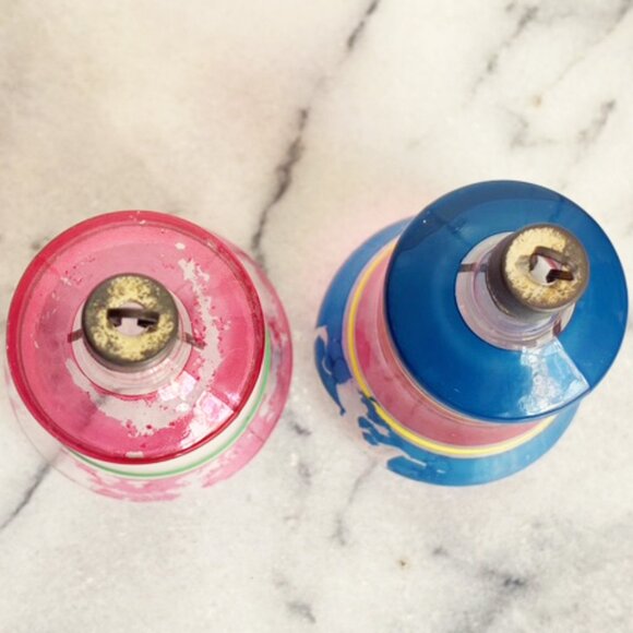 Vintage Premier Bell Unsilvered Ornaments Glass Pair Striped 2 Clear Red Blue - Picture 5 of 5